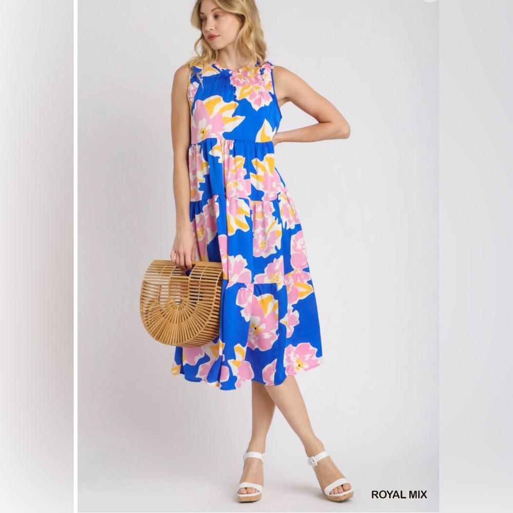 NWT Umgee Royal Blue and Pink Pattern Midi Dress